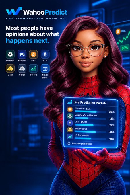 A promotional graphic for 'Wahoo Predict' showing an illustrated woman in a Spider-Man suit holding a holographic display of Live Prediction Markets with percentages for BTC, Man Utd vs Liverpool, ETH, Gold, and US Stocks.