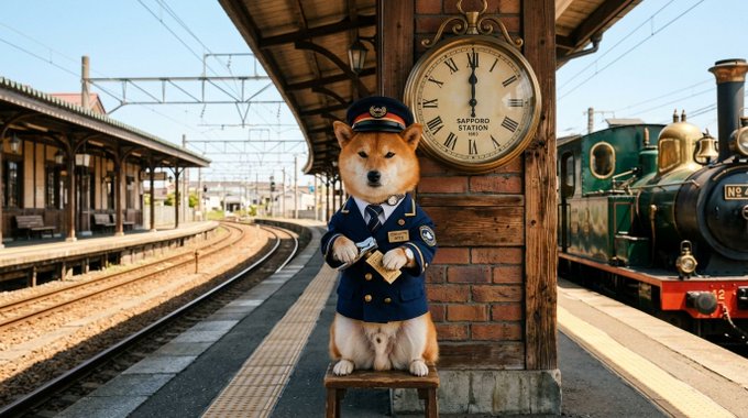 A whimsical scene shows a Shiba Inu dressed as a railway conductor standing on a stool beside an old station clock marked “SAPSWD STATION,” with tracks and a steam locomotive in the background.