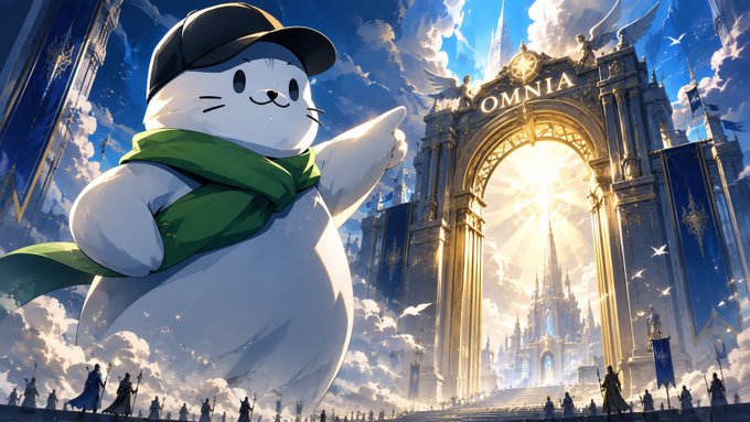 An anime-style illustration of a cute white cat character wearing a black cap and green scarf, pointing toward a grand golden archway labeled 'OMNIA' leading to a glowing castle.
