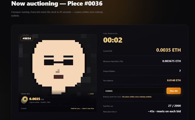 The image shows an auction interface for "Piece #0036" featuring a pixelated bald character, with a 00:02 countdown timer, current bid of 0.0035 ETH, 7 unique bidders, and a balance of 0.0140 ETH against an 0.003675 ETH minimum next bid. The display corresponds to the post's settled status of 0.0035 ETH for the #0036 piece, though the image still shows it actively in its final 2-second bidding window before settlement.