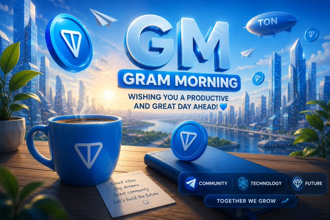 In a modern cityscape, there's a coffee cup with a blue rim sitting next to a notebook containing writing related to Gm- Gram Morning. These items are arranged on a table near the top of the image which has an overall color scheme dominated by shades of blue and white from the sky and water elements, as well as a few other colors in the background design elements such as trees or city structures. The post about Gm- Gram Morning mentions specific target groups like 'MTONGA' who are interested in this type of content related to morning routines and productivity, highlighting that their posts might be reaching these target groups.