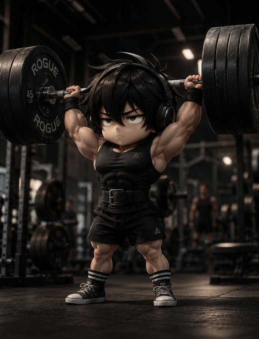 The image features a cartoon character, possibly a boy or a girl, lifting weights at a gym. The character appears to be wearing headphones while performing the exercise. The background of the image shows various dumbbells scattered around the scene, indicating that this is a typical gym setting with multiple weightlifting options available for users.