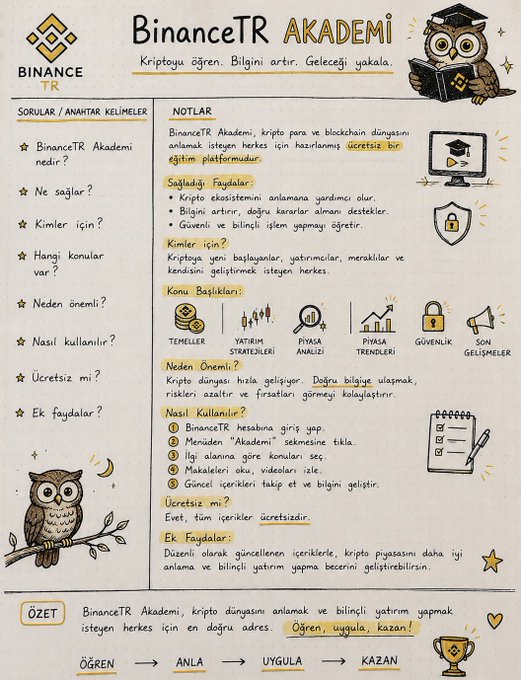 An infographic titled 'BinanceTR AKADEMİ' featuring an owl with a graduation cap and a laptop, with sections like 'SORULAR / ANAHTAR KELIMELER' and 'NOTLAR,' explaining that the platform offers free crypto and blockchain education.