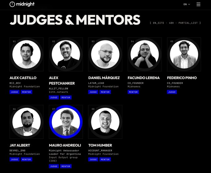 A webpage titled 'JUDGES & MENTORS' for Midnight Foundation lists eight contributors including Alex Castillo, Alex Pestchanker, Daniel Márquez, Facundo Lerena, Federico Pinho, Jay Albert, Mauro Andreoli, and Tom Humber, with tags indicating their judge or mentor roles.
