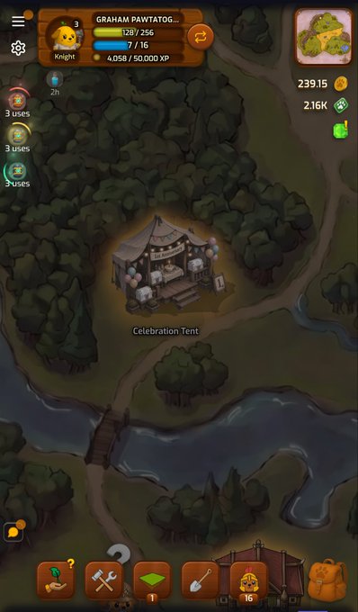 The image features a cartoonish illustration of a map displaying the location of an old village by a river with a small hut situated within it. The main elements of the illustration include trees, bushes, grass, rocks, and a waterway running through them. A wooden structure can be seen in the middle of the scene near the center-left area of the image. 

The post is titled "@PawtatoFinance I like all what are you doing" with a high rating and an enthusiastic response from the users, including @SuiNetwork who has been sharing it on their social media platforms. The post also includes mentions about two different apps, one of which is named "top game", while another app referred to as "airdrop". A few items are displayed in the image, such as a backpack located at the bottom-right area and an axe near the center-left part of the scene.