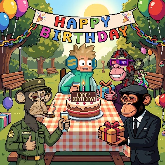 A pixel art illustration depicts a 'Happy Birthday' party with NFT monkey characters celebrating around a cake, under balloons and a 'HAPPY BIRTHDAY' banner.