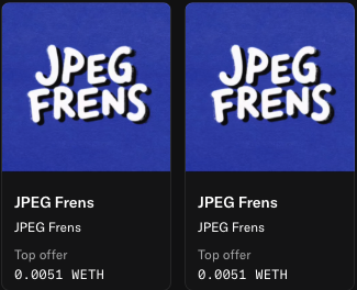 Two side-by-side NFT listings for 'JPEG Frens' with 'Top offer' at 0.0051 WETH displayed on a dark blue background.
