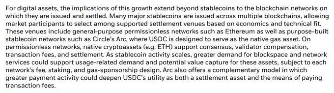 An image excerpted from a digital assets report discussing how stablecoins like USDC drive demand for blockchain networks such as Ethereum and Circle's Arc, noting that on these "permissionless networks, native cryptoassets (e.g. ETH) support consensus, validator compensation, transaction fees, and settlement," relating to the post's mention of BlackRock's white paper on AI and digital assets as "machine-native intelligence" and "machine-native money."