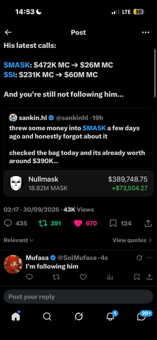 A screenshot of a social media post showing 'His latest calls: $MASK: $472K MC → $26M MC, $SI: $231K MC → $60M MC' and a tweet by @sankin_hi showing a $390K profit on Nullmask ($73,504).