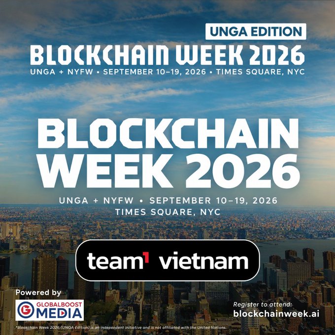 A promotional graphic for 'Blockchain Week 2026' (UNGA Edition) taking place September 10-19, 2026 in Times Square, NYC, sponsored by team1 vietnam and GlobalBoost Media.