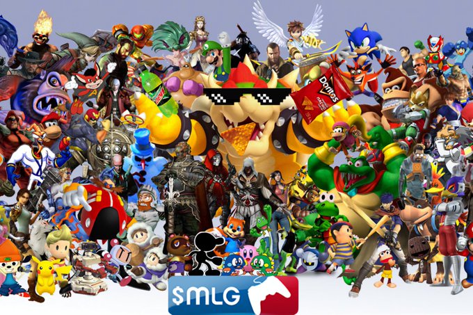 A massive collage of iconic video game characters—from Mario, Sonic, Bowser, and Pikachu to Master Chief, Kratos, and Solid Snake—surrounds a central Bowser wearing pixelated "deal with it" sunglasses and holding a bag of Doritos, with the "SMLG" logo displayed prominently at the bottom. The image visually embodies the post's message about the timelessness of gaming culture, showcasing beloved characters from across gaming history to celebrate the rich legacy of the MLG community and its enduring connection to gaming's most iconic figures.