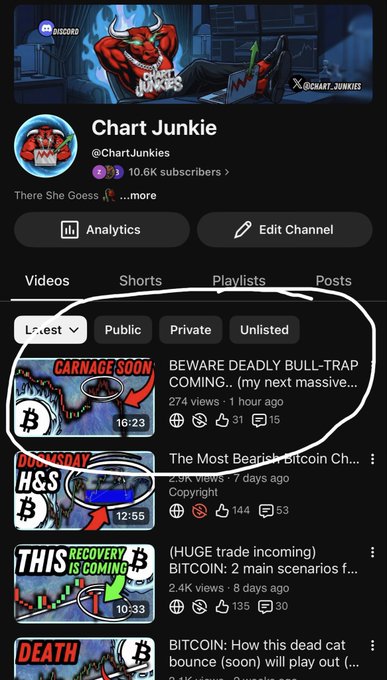 The image shows a social media feed with several videos, including one titled "There's a huge trade opportunity coming soon" by BitcoinChartsJunkie. The screen displays various video titles, such as "My next massive Bitcoin", "The most BeagleBullTra", and "BTC I show you the next major trade opportunity". These videos are related to Bitcoin trading or analysis, as indicated by the post's title. The image provides a visual representation of what is in the social media feed, helping viewers quickly understand its content and find relevant information about Bitcoin trading opportunities.