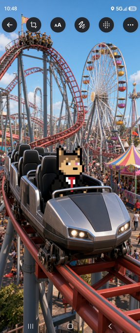 A pixel art character in a suit riding a roller coaster, with a Ferris wheel visible in the background of a carnival/amusement park setting.