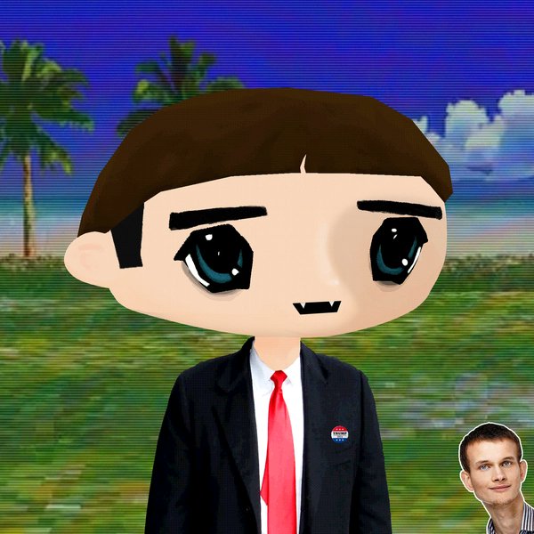 A person wearing a suit and tie with a "I Voted" sticker stands against a tropical beach background with palm trees, while a smaller inset photo of a man appears in the bottom right corner, suggesting a comedic mashup referencing the #HotSummer and NFT PFP culture mentioned in the post.
