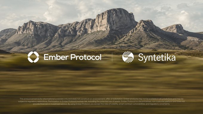 A promotional banner for Ember Protocol and Syntetika featuring their logos over a scenic mountain landscape with the text 'Ember Protocol | Syntetika' and a disclaimer at the bottom.