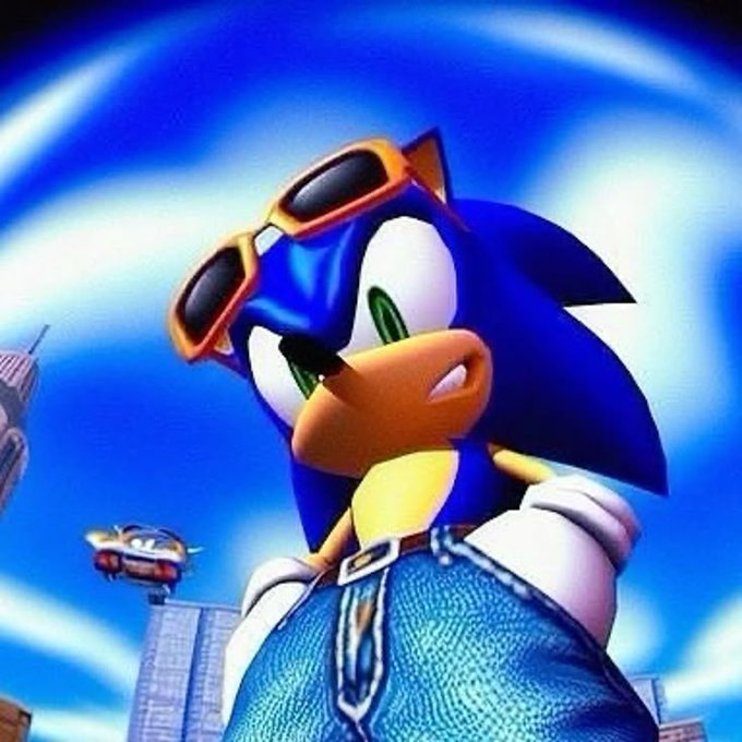 A vibrant illustration of Sonic the Hedgehog wearing orange sunglasses and blue jeans against a swirling blue background.