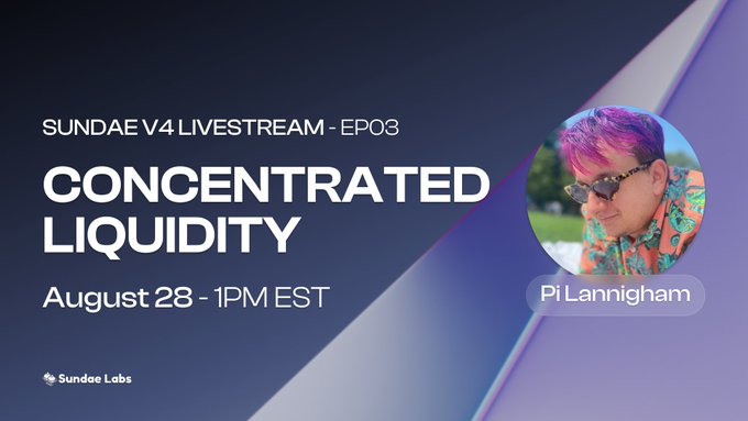 A promotional graphic for "SUNDAE V4 LIVESTREAM - EP03" featuring speaker Pi Lanningham, scheduled for August 28 at 1PM EST, with the title "CONCENTRATED LIQUIDITY." The image visually supports the post by announcing the third installment of the livestream series, where Sundae Labs will explain how their v4 protocol achieves concentrated liquidity natively on Cardano's eUTXO model, stacking depth at the current price for improved trade execution.