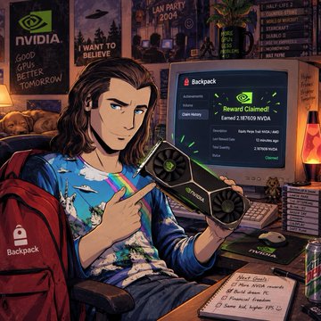 An anime-style digital illustration of a man holding an NVIDIA graphics card, sitting in a room with posters including 'NVIDIA GOOD GUYS BEAR TOMORROW' and 'I WANT TO BELIEVE', with a computer monitor displaying 'Backpack'.