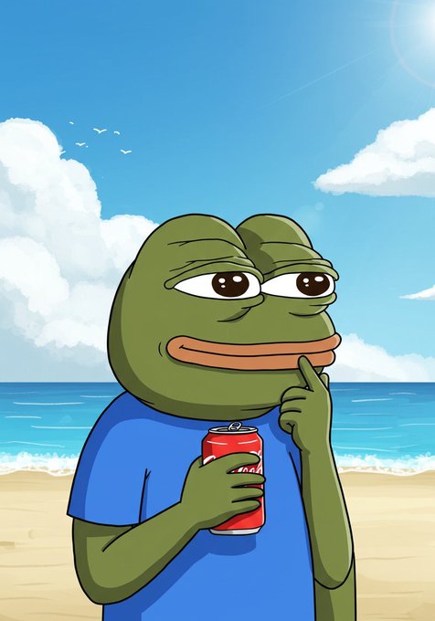 The image shows the "Pepe the Frog" meme character wearing a blue shirt, holding a red Coca-Cola can while touching his chin in a thoughtful pose against a sunny beach backdrop.

The image loosely fits the post's contemplative tone of evaluating a new crypto project journey, with the thoughtful Pepe appearing to ponder a decision—mirroring the author's "watching and considering" stance toward Beldex's $50K stablecoin reward pool and Nucleus Codes.