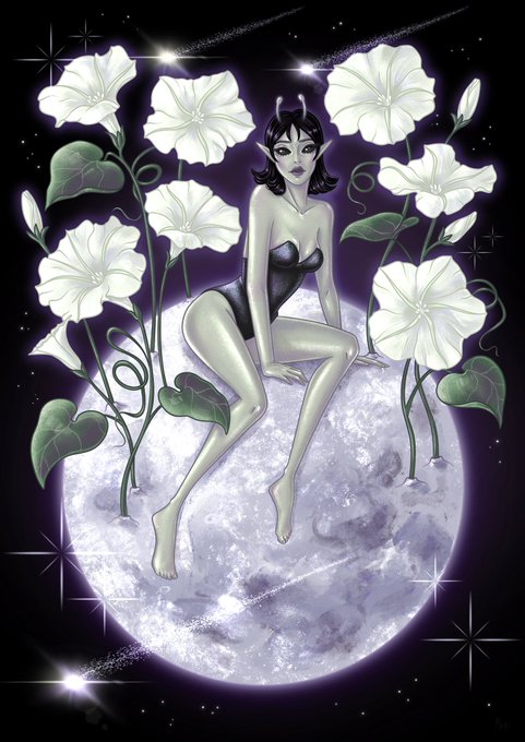 A pale, horned figure with pointed ears and antennae sits gracefully atop a glowing full moon, framed by white moonflowers and heart-shaped leaves against a starry night sky. The gothic, otherworldly artwork reflects the artist's whimsical dark-fantasy aesthetic being celebrated at NFT NYC 2026.