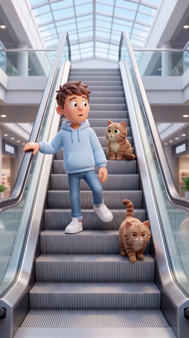 A 3D-animated style image of a young boy in a light blue hoodie riding down an escalator, accompanied by two orange tabby cats on the steps.