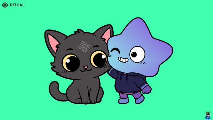 The image features two cartoon characters - a black cat sitting next to a blue star-shaped creature, both smiling at the camera. The cat has its paw around the star's neck, creating an endearing scene of friendship between the two characters. The background is a light green color that complements their colors and adds depth to the image. The post includes text that reads "@0xploplo @ritualfnd @Jez_Cryptoz", which are likely related to the cartoon characters or the post's context, but they do not provide any additional information about the content of the image itself.