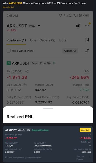 A mobile trading screenshot shows a position on 'ARKUSDT Perp' with a PNL of -1,971.28 USDT, with a user caption asking 'Why Give me Every hour 200$ to 4$ Every hour For 5 days'.