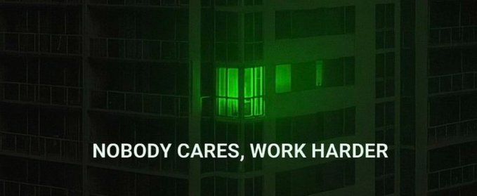 A dark building with one green-lit window features the caption "NOBODY CARES, WORK HARDER" in bold white text, reinforcing the demanding tone of the giveaway post that requires participants to like and comment before receiving 0.1 SOL.