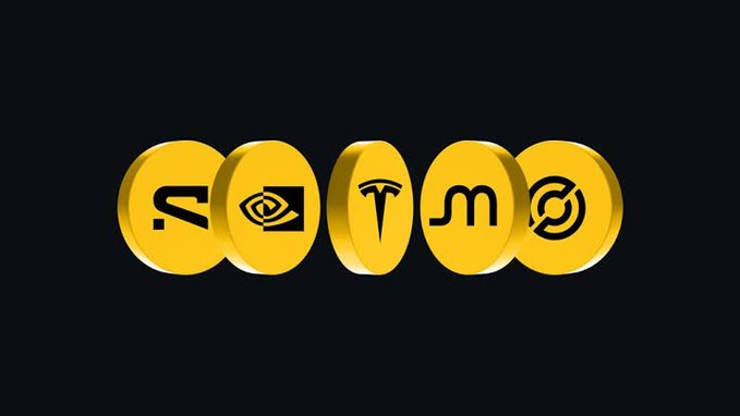Five golden coins displaying various tech and financial brand logos (including Meta, NVIDIA, Tesla, and TradFi) arranged in a row against a black background, visually representing the diverse portfolio of stocks available on Binance's Direct Stocks and bStocks platforms highlighted in the post.