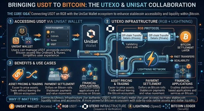 A detailed technical infographic titled 'BRINGING USDT TO BITCOIN: THE UTEXO & UNISAT COLLABORATION' explaining the integration of USDT stablecoin with the UniSat Wallet and RGB/Lightning network on the Bitcoin settlement layer.