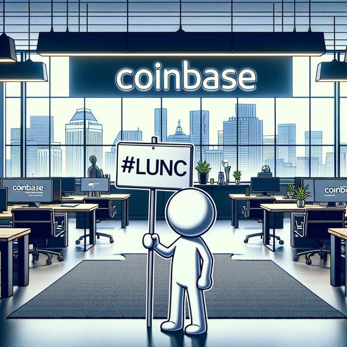 An illustration shows a small 3D character holding a sign reading "#LUNC" inside a modern office space branded with "coinbase" logos.