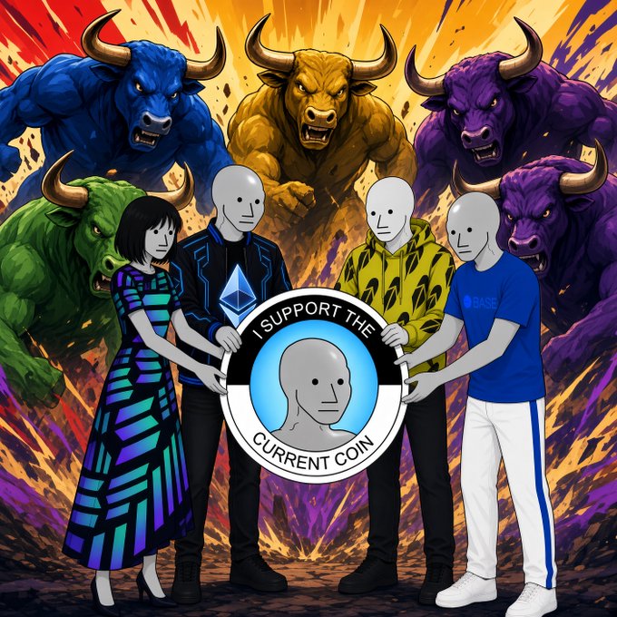 A vibrant artwork with fantasy minotaur-like creatures in the background, while four faceless humanoid figures and a woman in a patterned dress stand in front holding a circular logo that reads "I SUPPORT THE CURRENT COIN."