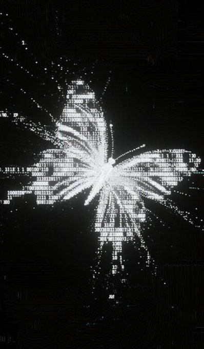 A digital artwork of a butterfly formed from white binary code and numbers glowing against a black background.
