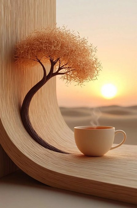 A serene still life shows a steaming cup of tea beside a stylized tree sculpture on a curved wooden surface, set against a desert sunset.