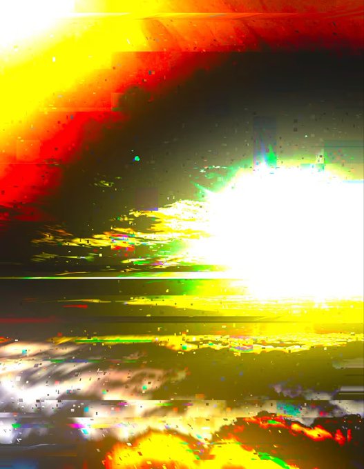 An abstract, glitch-art style image with bright yellow, red, and white light bursts creating distorted, painterly streaks across the frame.