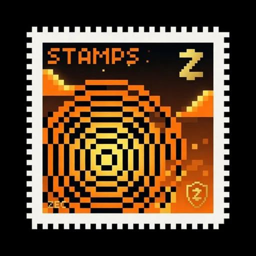 A pixel-art postage stamp design featuring an orange spiral pattern, the text "STAMPS: Z", and a small "Z" logo.