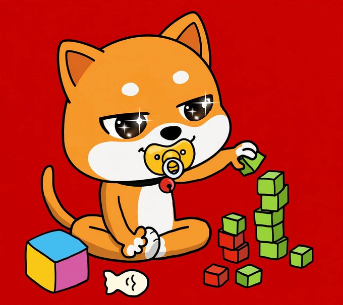 A cartoon Shiba Inu puppy with sparkling eyes and a pacifier stacks colorful building blocks against a vibrant red background, surrounded by a cube and a small fish toy. The image playfully illustrates the post's caption "Just stacking things up" by depicting the dog literally piling blocks into towers.