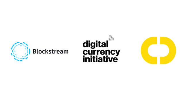 Three logos displayed: Blockstream, Digital Currency Initiative, and a yellow circular logo.
