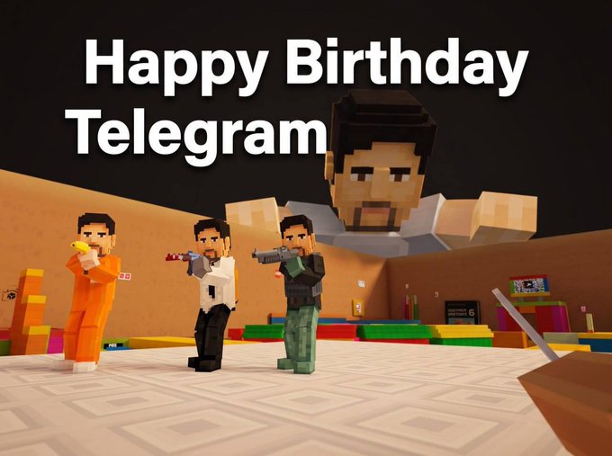 The image shows a Minecraft-style blocky birthday celebration featuring pixelated characters holding items in a colorful room, with the text "Happy Birthday Telegram" displayed prominently. One character's oversized head appears in the upper right corner, fitting the post's theme of celebrating Telegram's 13th anniversary while highlighting the platform's Pixel World game integration.