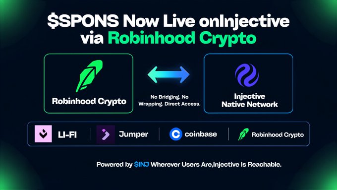 A promotional graphic announcing '$PONS Now Live on Injective via Robinhood Crypto' showing logos for Robinhood Crypto and Injective Native Network with the tagline 'No Bridging. No Wrapping. Direct Access.'