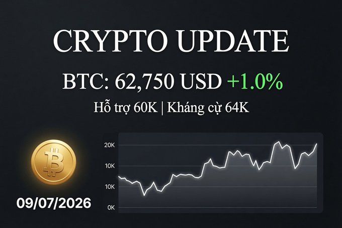 A crypto update graphic showing BTC at 62,750 USD (+1.0%) with support at 60K and resistance at 64K, dated 09/07/2026, featuring a Bitcoin logo and a line chart.