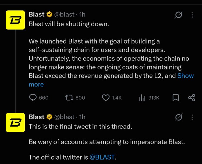 A screenshot of tweets from the @blast account (Blast) announcing the shutdown of the Blast blockchain, stating 'Blast will be shutting down' and warning about impersonator accounts, with the official Twitter handle @BLAST noted.