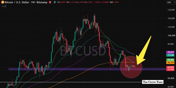 A Bitcoin/USD weekly candlestick chart from Bitstamp showing BTCUSD at $62,470, with a yellow arrow pointing to a circled support level around $61,100-$68,400.
