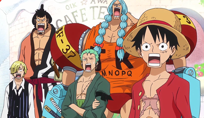 The image shows a group of characters from anime or manga who are standing close together, each posing for the camera with different facial expressions. One character has their mouth open wide as if they're yelling or laughing, while another character's mouth is closed in a smile. The background features an interesting scene that resembles a cafe and possibly contains text related to the post about the anime character holding strong even when looking like this.