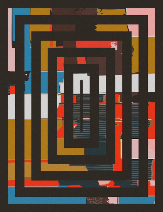 An abstract geometric artwork featuring concentric rectangular frames in black, with interior sections filled with various colors including red, blue, pink, yellow, and white in blocky patterns.
