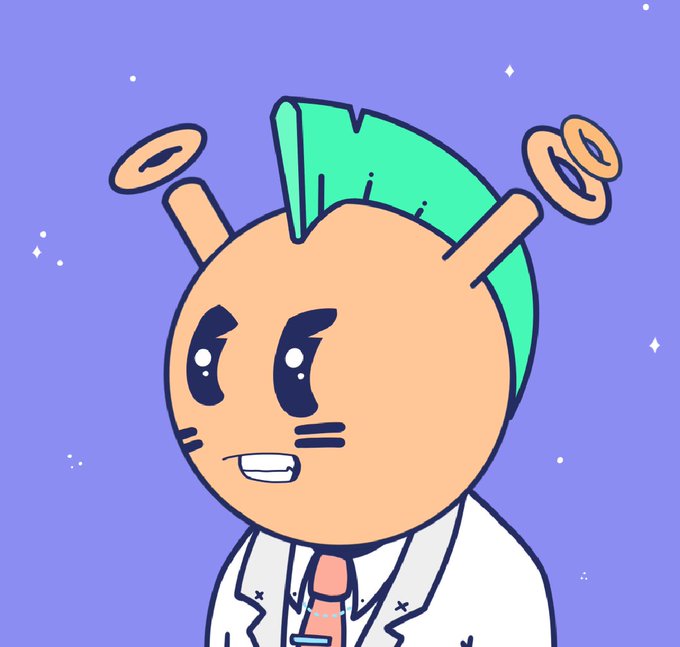 A chibi-style NFT character from Quirkies with an orange round head, green mohawk, small antennae with donut-like tops, and a white lab coat with a tie, set against a starry purple background. The mohawk hairstyle visually matches the post's mention of a "war paint mohawk," highlighting it as the standout feature.