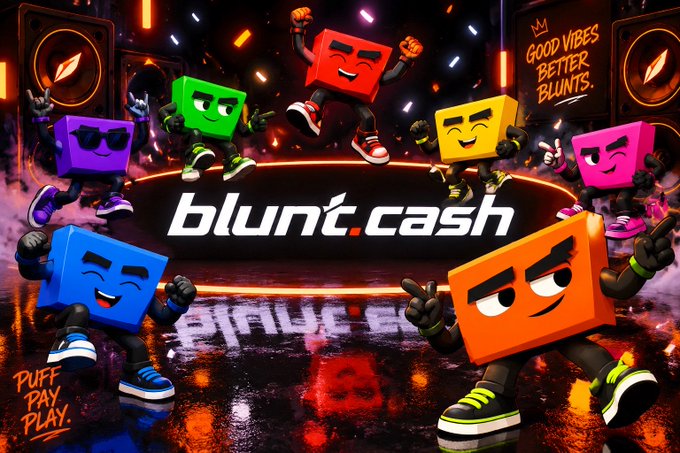 The image features colorful, cartoonish block characters with faces in various shades—red, green, purple, yellow, pink, blue, and orange—striking dynamic poses on a vibrant stage with neon lighting and large speakers. The bold text "blunt.cash" is centered prominently, while the tagline "PUFF PAY PLAY" appears on the left and "GOOD VIBES BETTER BLUNTS" is displayed on a screen in the background, reinforcing the meme's playful comparison between Blunt.Cash and Apple Pay as a more fun, carefree alternative.