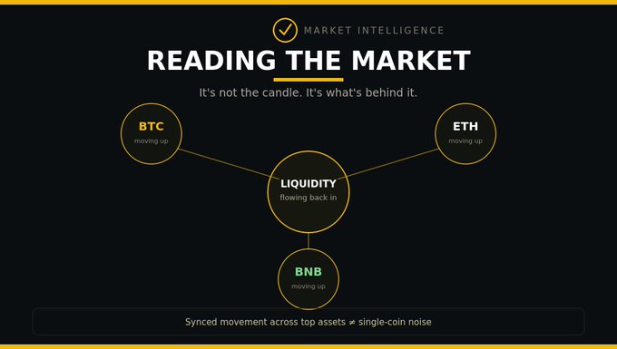 A dark-themed market intelligence infographic titled "READING THE MARKET — It's not the candle. It's what's behind it," showing BTC, ETH, and BNB all "moving up" connected to a central node labeled "LIQUIDITY flowing back in," with a footer noting "Synced movement across top assets ≠ single-coin noise." The diagram visually reinforces the post's message that correlated gains across BTC, ETH, and BNB signal returning liquidity rather than isolated price action.