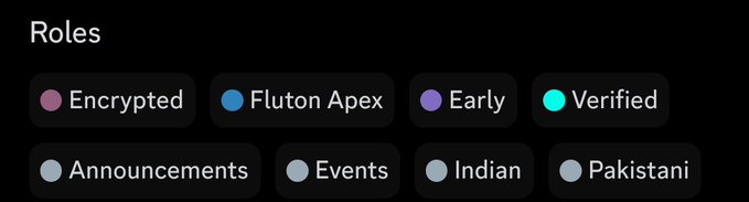 A Discord 'Roles' section showing various colored role tags including Encrypted, Fluton Apex, Early, Verified, Announcements, Events, Indian, and Pakistani.