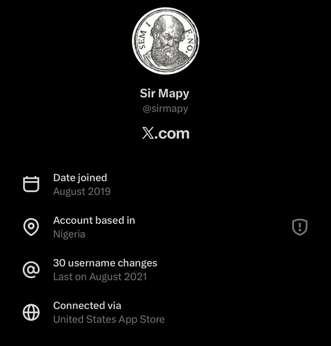 The image shows a profile page for "Sir Mapy" (@sirmapy) on X.com, joined in August 2019, based in Nigeria, with the notable detail of "30 username changes" last occurring in August 2021. The accompanying post warns against using "@peniwallet," citing the suspicious activity of 30+ username changes as a red flag, suggesting users rely on the official Pi wallet instead.